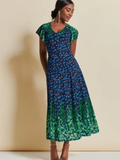 Mirrored Print Lace Maxi Dress, Green Multi