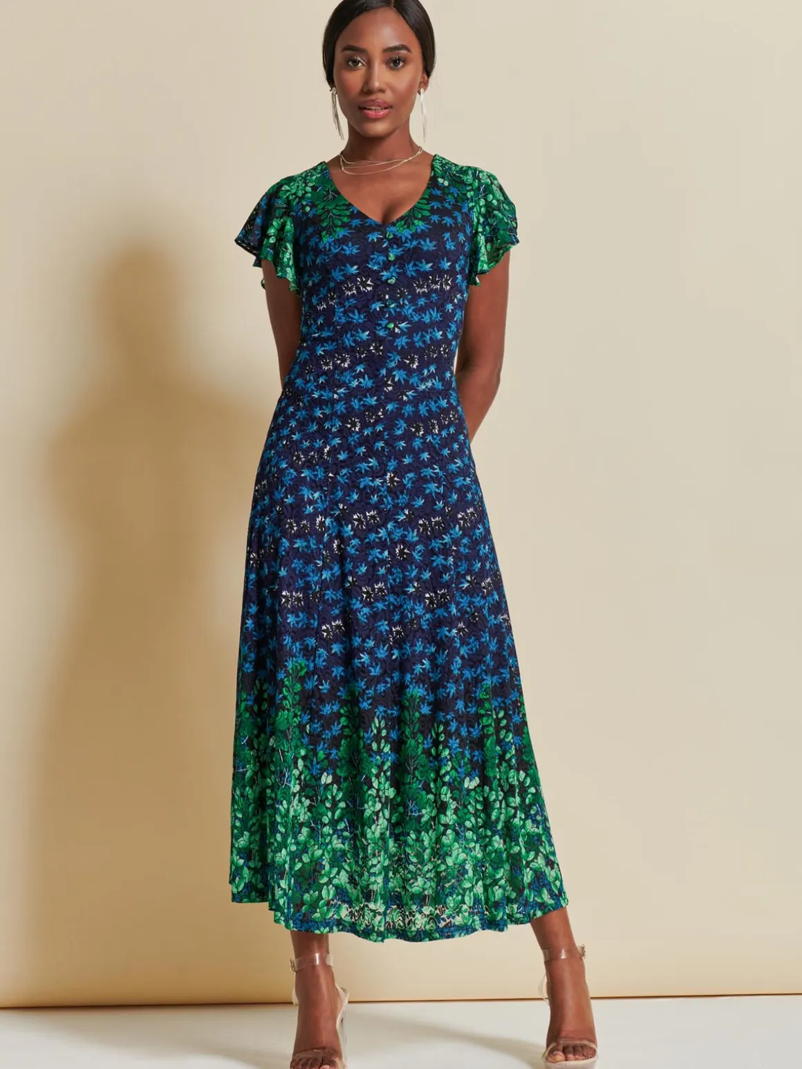 Mirrored Print Lace Maxi Dress, Green Multi