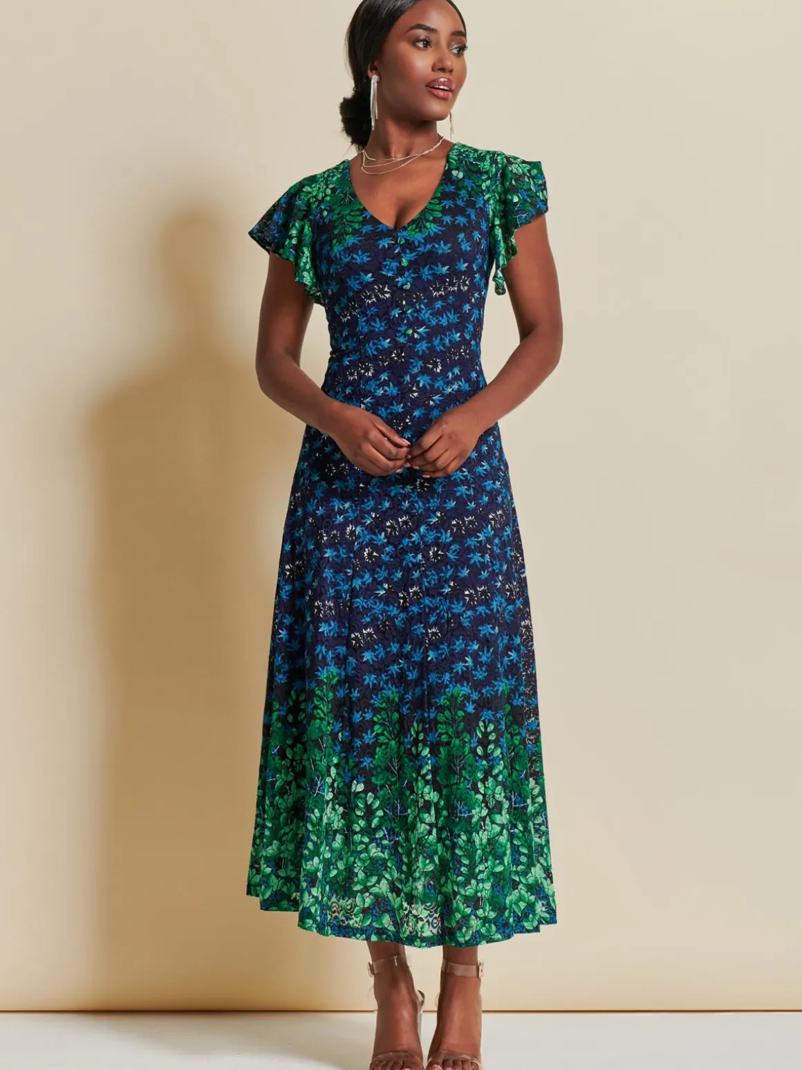 Mirrored Print Lace Maxi Dress, Green Multi