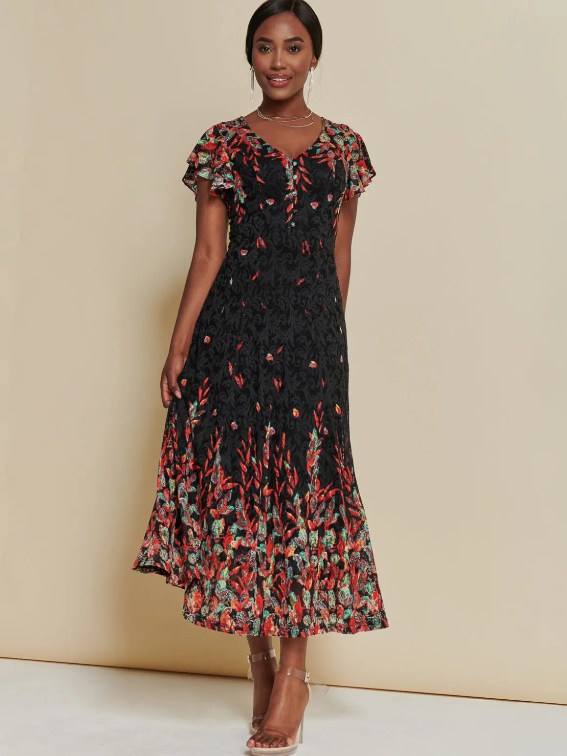 Mirrored Print Lace Maxi Dress, Red Multi