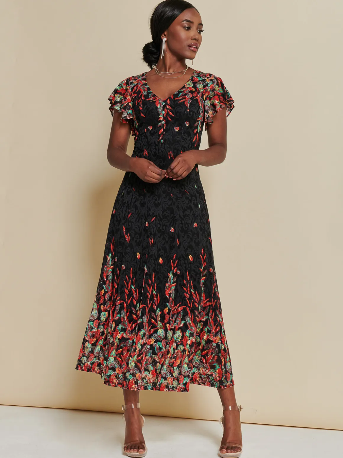 Mirrored Print Lace Maxi Dress, Red Multi