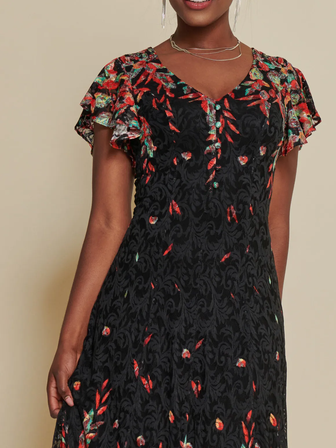 Mirrored Print Lace Maxi Dress, Red Multi
