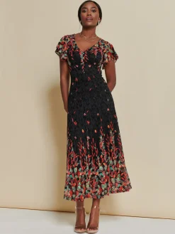 Mirrored Print Lace Maxi Dress, Red Multi