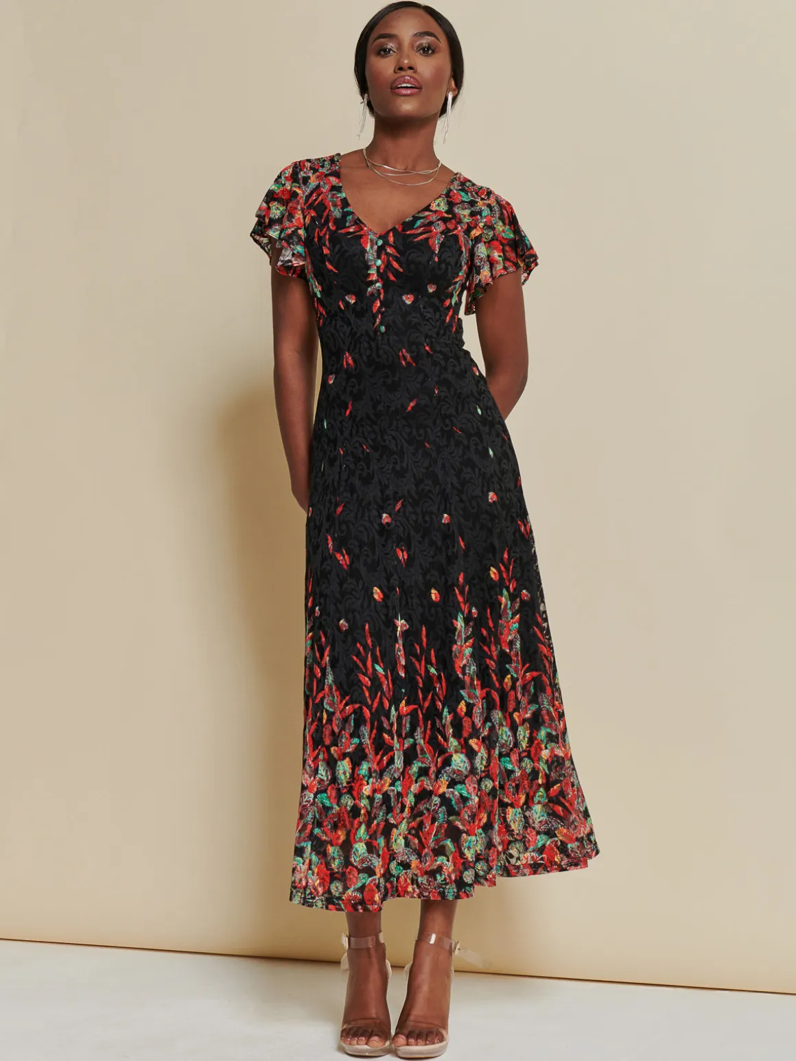 Mirrored Print Lace Maxi Dress, Red Multi