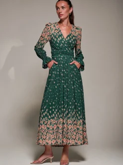 Mirrored Print Long Sleeve Mesh Maxi Dress, Green Floral