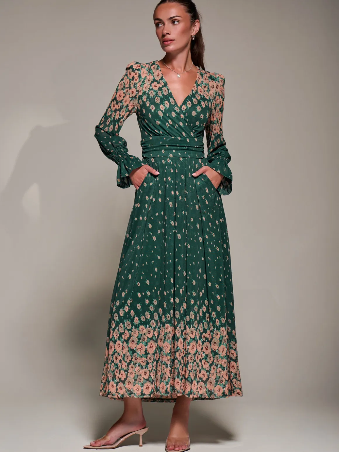 Mirrored Print Long Sleeve Mesh Maxi Dress, Green Floral