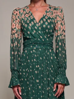 Mirrored Print Long Sleeve Mesh Maxi Dress, Green Floral