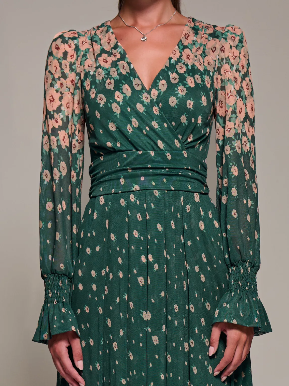 Mirrored Print Long Sleeve Mesh Maxi Dress, Green Floral