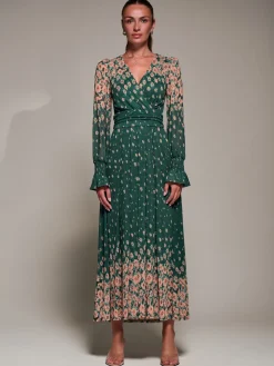 Mirrored Print Long Sleeve Mesh Maxi Dress, Green Floral