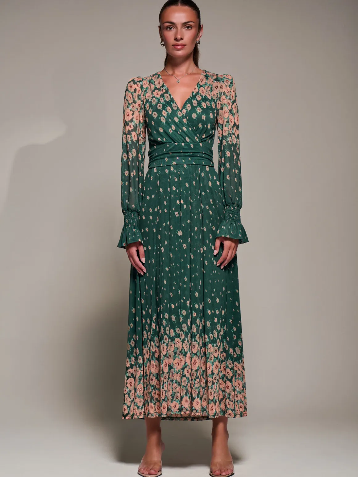 Mirrored Print Long Sleeve Mesh Maxi Dress, Green Floral