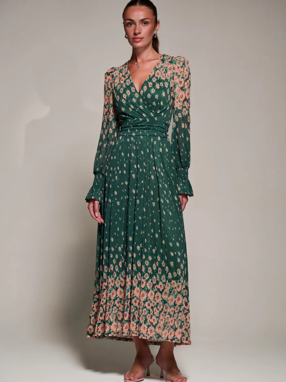Mirrored Print Long Sleeve Mesh Maxi Dress, Green Floral