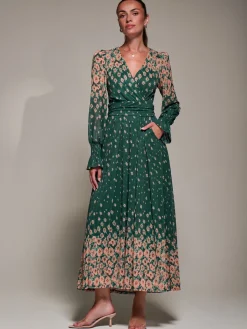 Mirrored Print Long Sleeve Mesh Maxi Dress, Green Floral