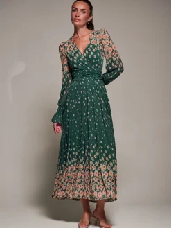 Mirrored Print Long Sleeve Mesh Maxi Dress, Green Floral