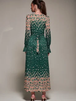 Mirrored Print Long Sleeve Mesh Maxi Dress, Green Floral