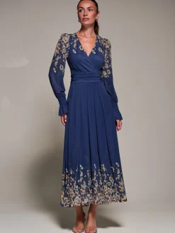 Mirrored Print Long Sleeve Mesh Maxi Dress, Navy Floral