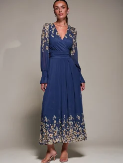 Mirrored Print Long Sleeve Mesh Maxi Dress, Navy Floral