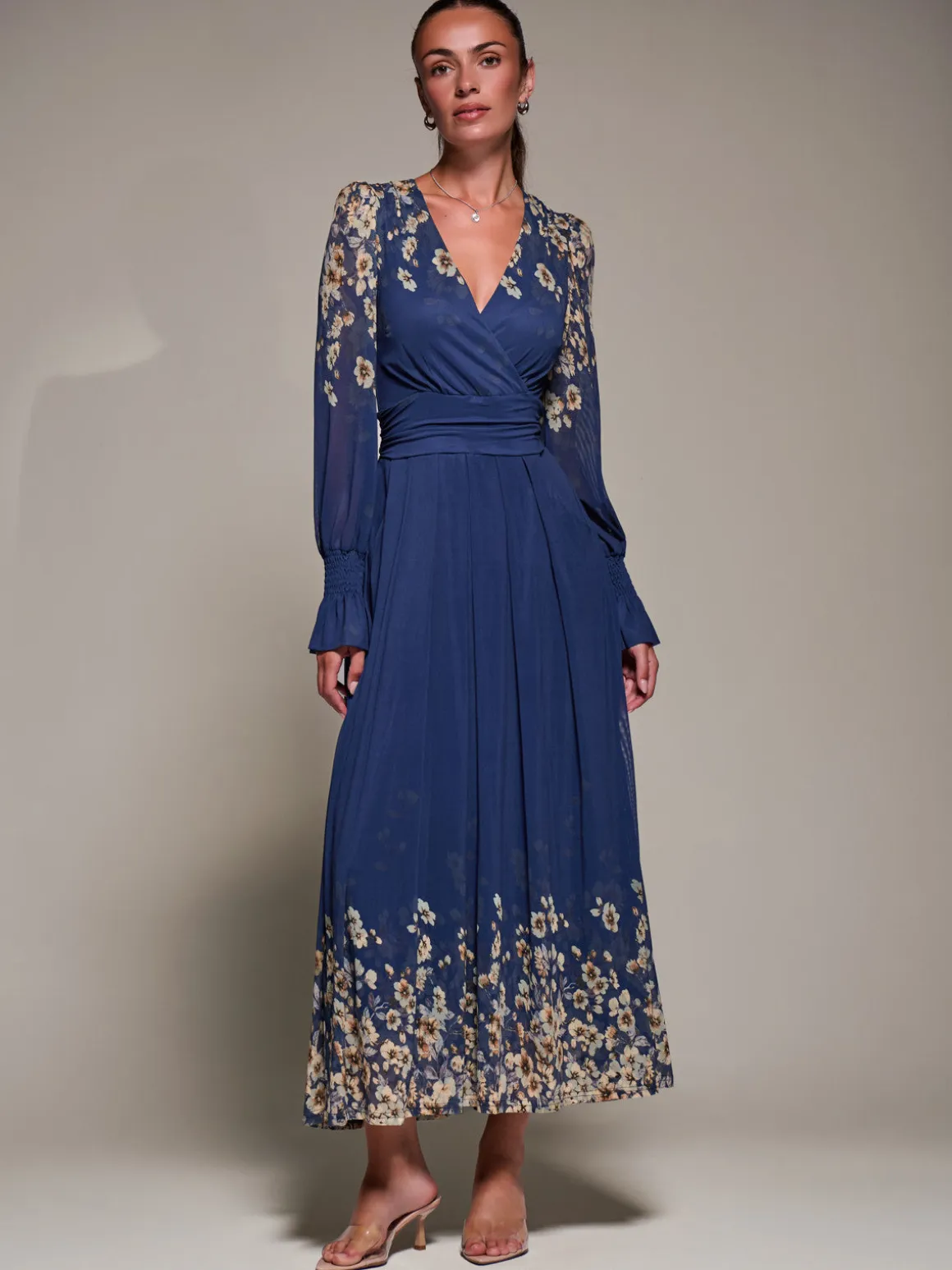 Mirrored Print Long Sleeve Mesh Maxi Dress, Navy Floral