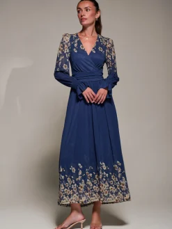 Mirrored Print Long Sleeve Mesh Maxi Dress, Navy Floral