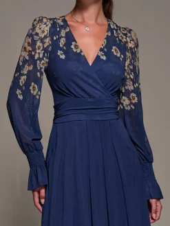 Mirrored Print Long Sleeve Mesh Maxi Dress, Navy Floral