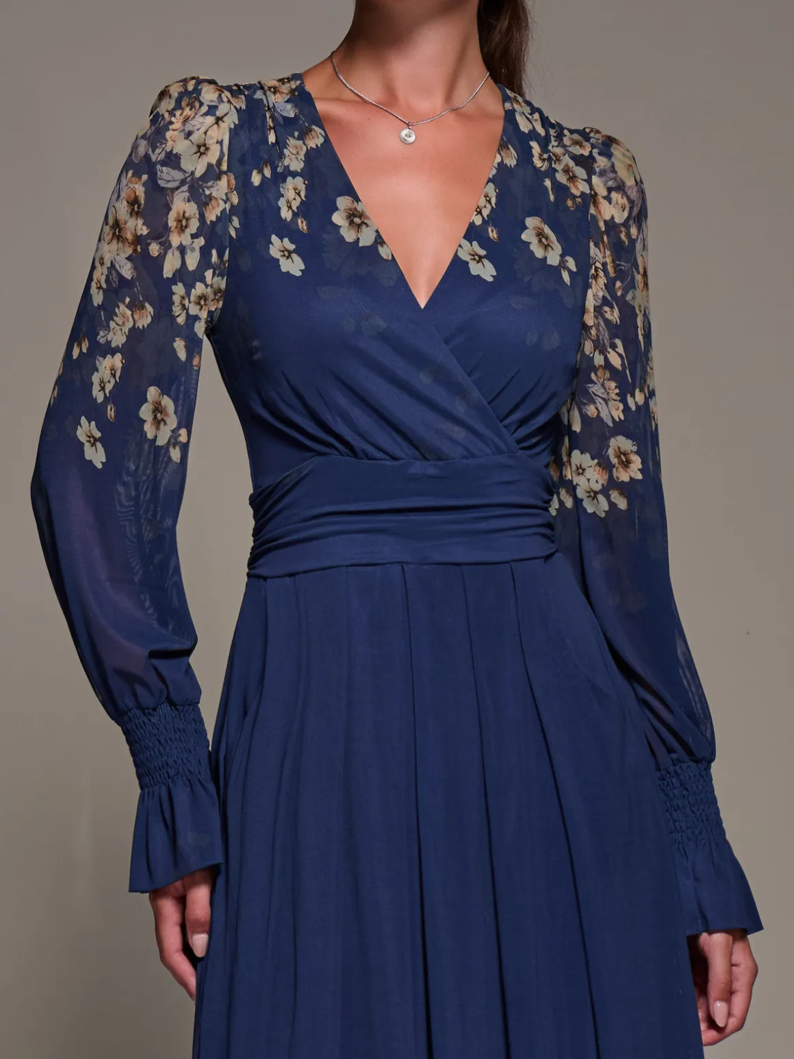 Mirrored Print Long Sleeve Mesh Maxi Dress, Navy Floral