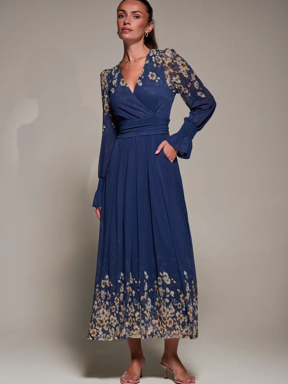 Mirrored Print Long Sleeve Mesh Maxi Dress, Navy Floral