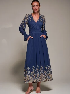 Mirrored Print Long Sleeve Mesh Maxi Dress, Navy Floral