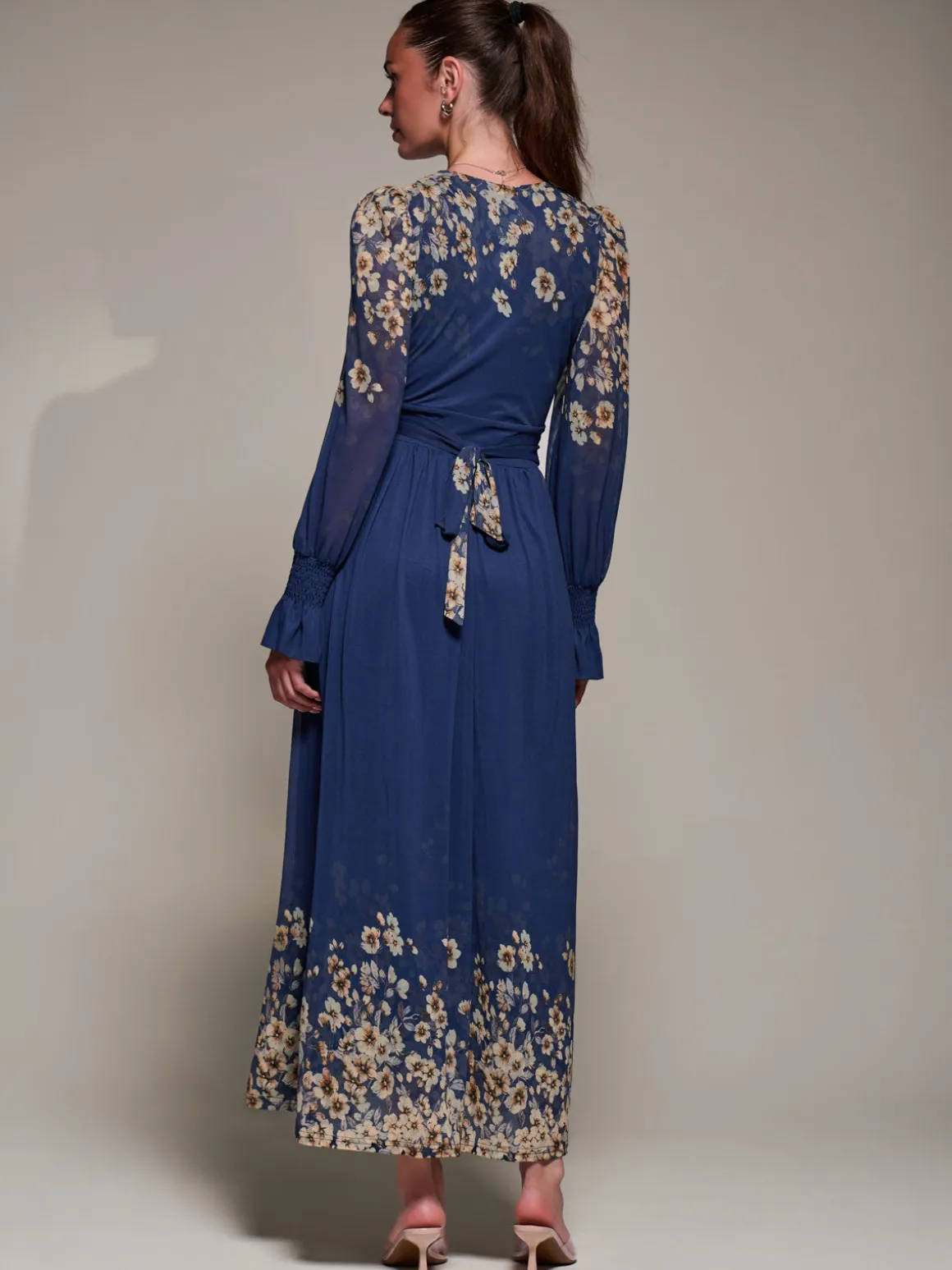 Mirrored Print Long Sleeve Mesh Maxi Dress, Navy Floral