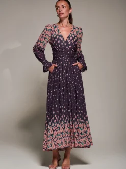Mirrored Print Long Sleeve Mesh Maxi Dress, Purple Floral