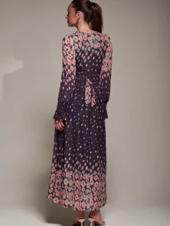 Mirrored Print Long Sleeve Mesh Maxi Dress, Purple Floral
