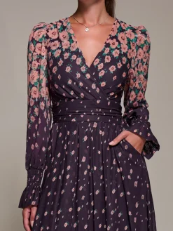 Mirrored Print Long Sleeve Mesh Maxi Dress, Purple Floral