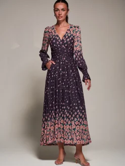 Mirrored Print Long Sleeve Mesh Maxi Dress, Purple Floral