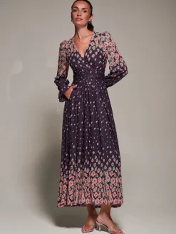 Mirrored Print Long Sleeve Mesh Maxi Dress, Purple Floral