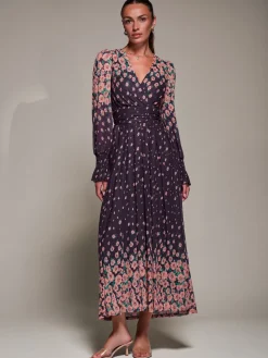 Mirrored Print Long Sleeve Mesh Maxi Dress, Purple Floral