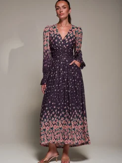 Mirrored Print Long Sleeve Mesh Maxi Dress, Purple Floral