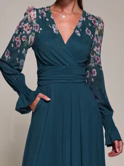 Mirrored Print Long Sleeve Mesh Maxi Dress, Teal Floral