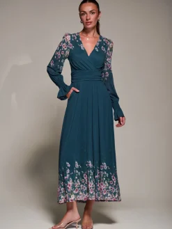 Mirrored Print Long Sleeve Mesh Maxi Dress, Teal Floral