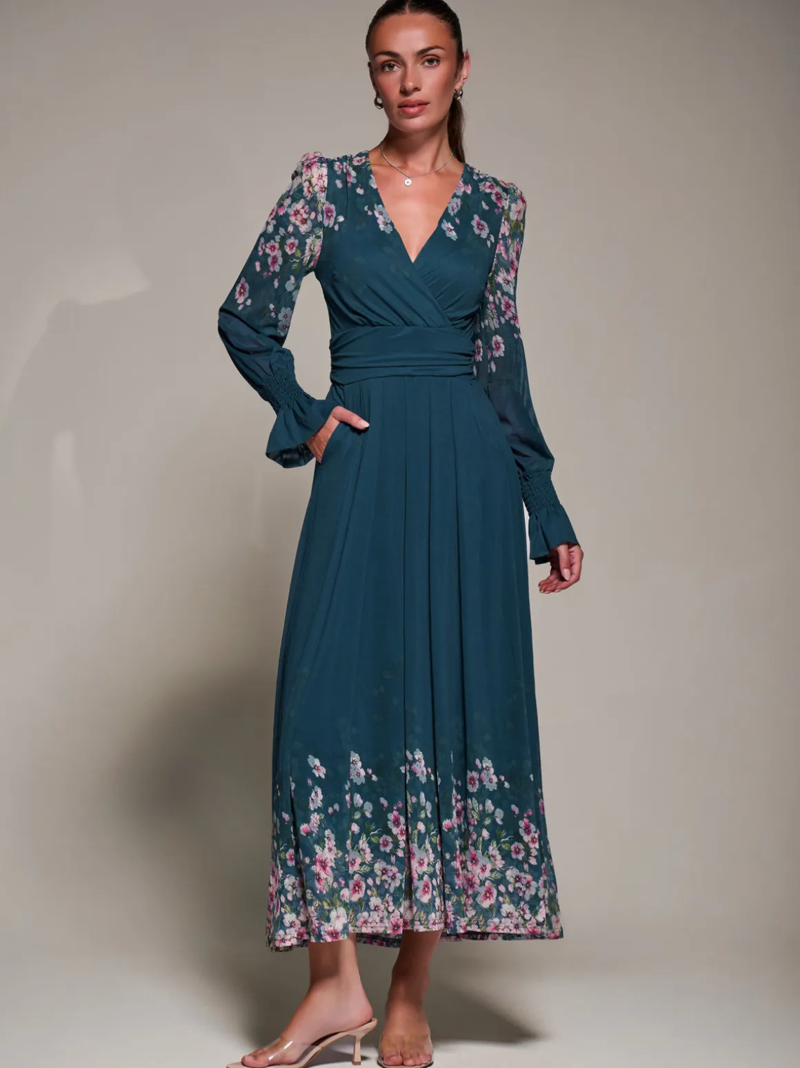 Mirrored Print Long Sleeve Mesh Maxi Dress, Teal Floral