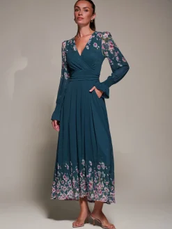 Mirrored Print Long Sleeve Mesh Maxi Dress, Teal Floral