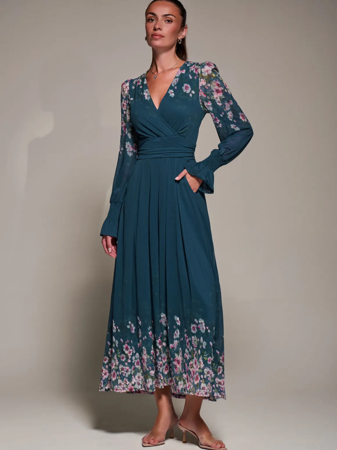 Mirrored Print Long Sleeve Mesh Maxi Dress, Teal Floral