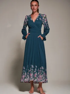 Mirrored Print Long Sleeve Mesh Maxi Dress, Teal Floral