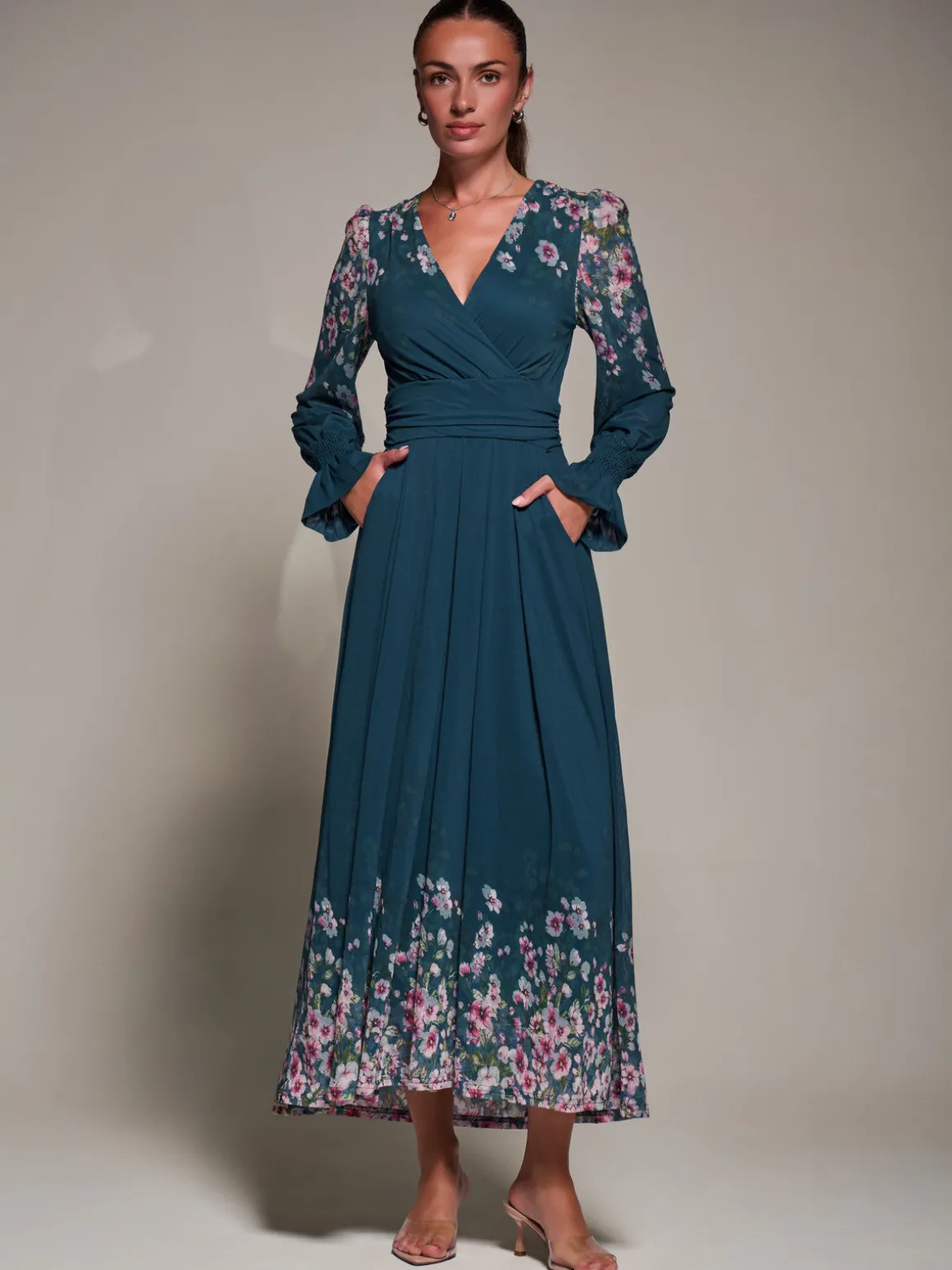 Mirrored Print Long Sleeve Mesh Maxi Dress, Teal Floral