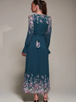 Mirrored Print Long Sleeve Mesh Maxi Dress, Teal Floral