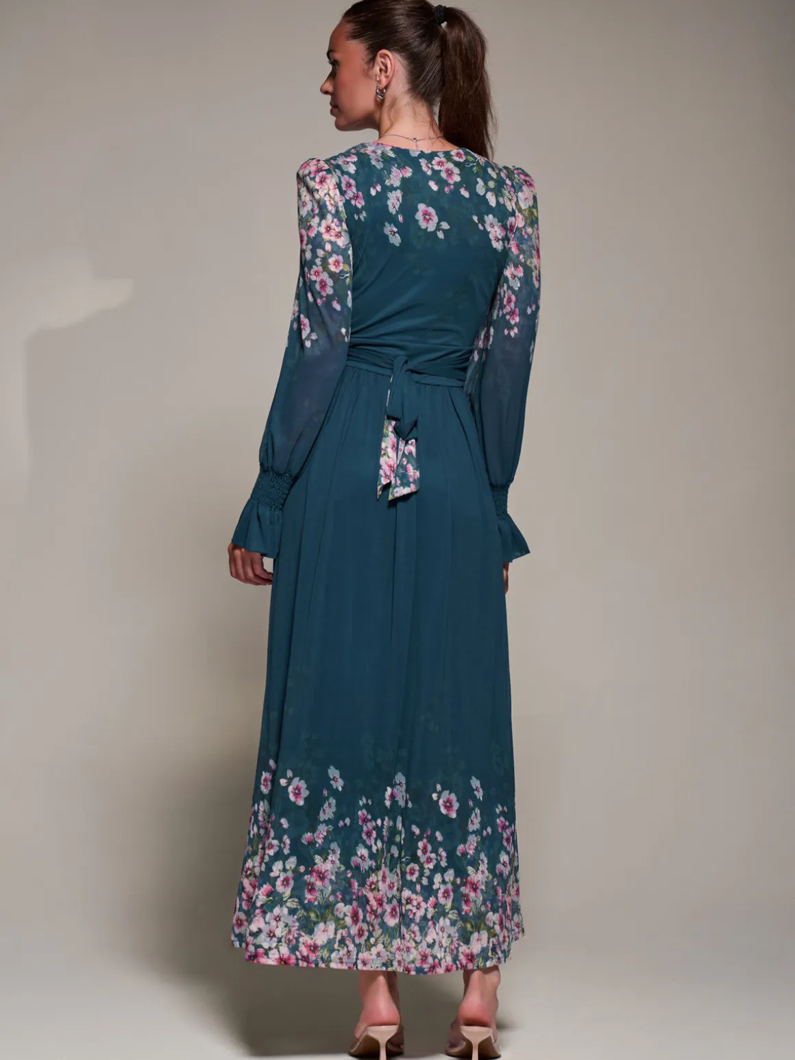Mirrored Print Long Sleeve Mesh Maxi Dress, Teal Floral