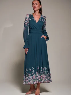 Mirrored Print Long Sleeve Mesh Maxi Dress, Teal Floral