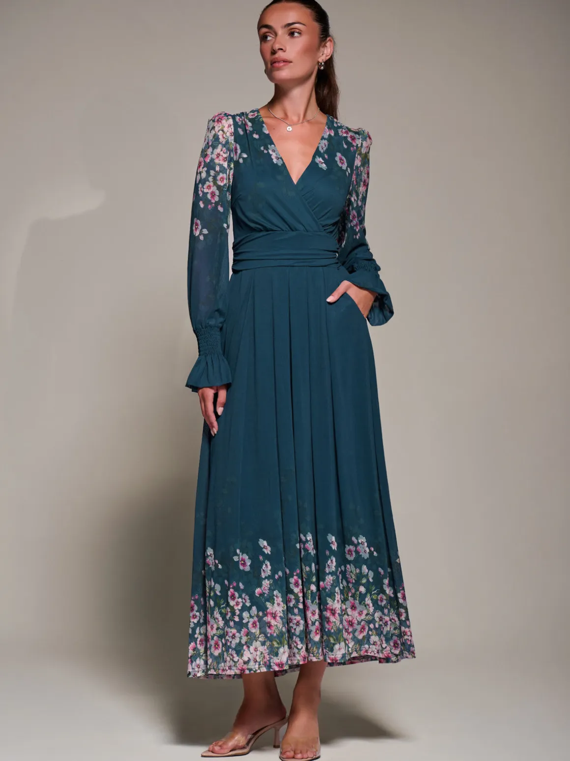 Mirrored Print Long Sleeve Mesh Maxi Dress, Teal Floral