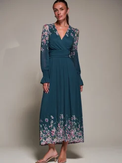 Mirrored Print Long Sleeve Mesh Maxi Dress, Teal Floral