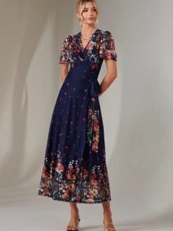 Mirror Print Mesh Wrap Maxi Dress, Floral Multi