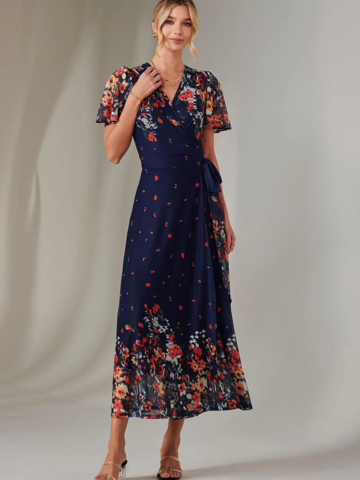 Mirror Print Mesh Wrap Maxi Dress, Floral Multi