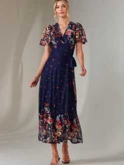 Mirror Print Mesh Wrap Maxi Dress, Floral Multi