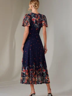 Mirror Print Mesh Wrap Maxi Dress, Floral Multi